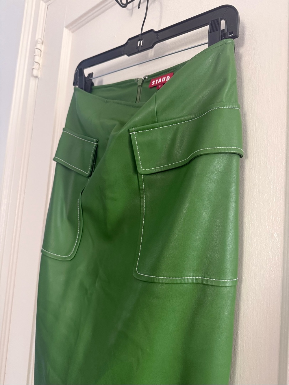 STAUD Bright Green Faux Leather Midi Skirt with Front Flap Pockets - Picture 3 of 11